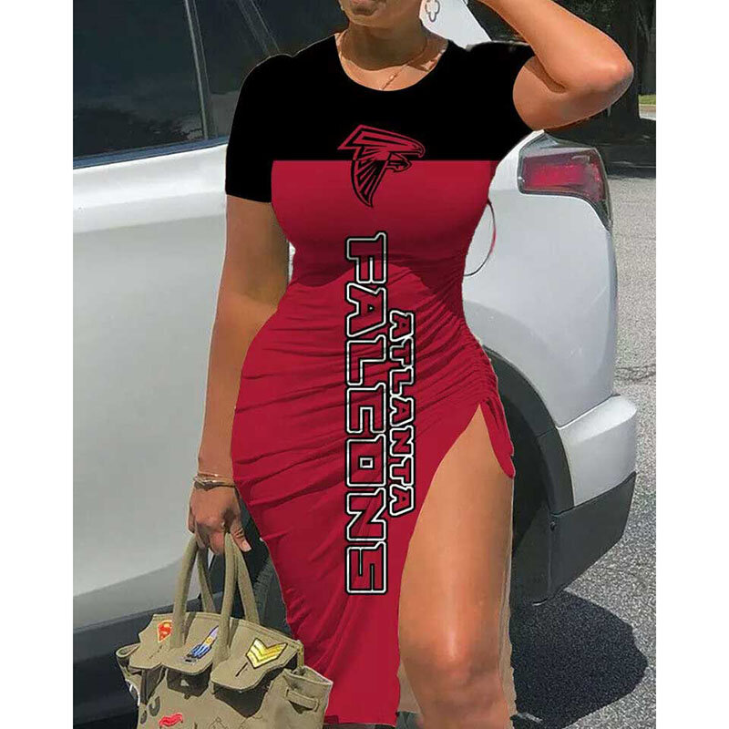 NFL - Atlanta Falcons Women Sexy Short Sleeve Thigh-high Slit Ruched Bodycon Midi Summer Gameday Dress