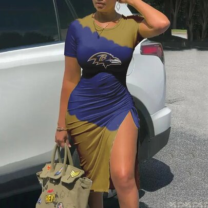 Women's NFL -  Sexy Bodycon Short Sleeve Slit Ruched Summer Club Party Midi Dress