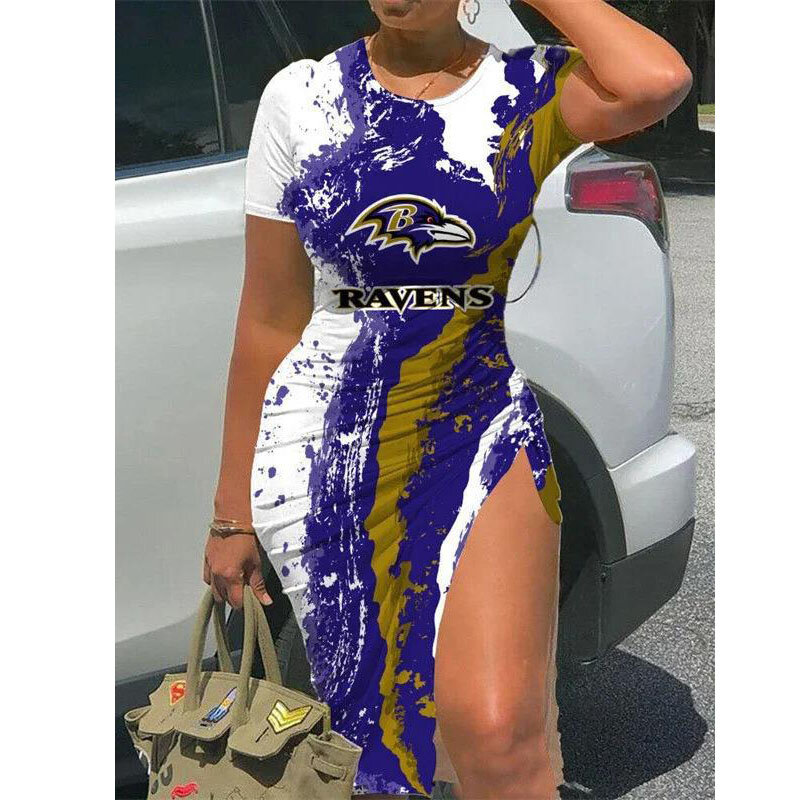 NFL - Baltimore Ravens Women Sexy Short Sleeve Thigh-high Slit Ruched Bodycon Midi Summer Gameday Dress
