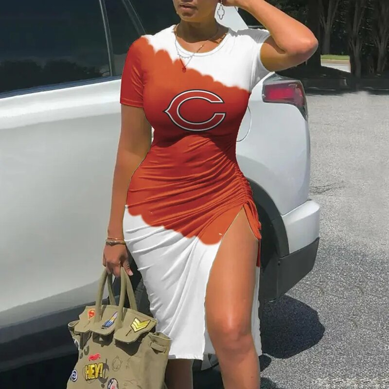 Women's NFL -  Sexy Bodycon Short Sleeve Slit Ruched Summer Club Party Midi Dress