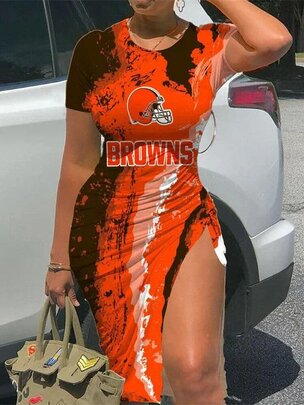NFL - Cleveland Browns Women Sexy Short Sleeve Thigh-high Slit Ruched Bodycon Midi Summer Gameday Dress