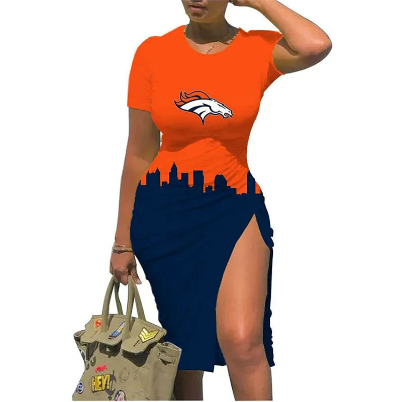 NFL - Denver Broncos Women Sexy Short Sleeve Thigh-high Slit Ruched Bodycon Midi Summer Gameday Dress