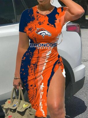 NFL - Denver Broncos Women Sexy Short Sleeve Thigh-high Slit Ruched Bodycon Midi Summer Gameday Dress