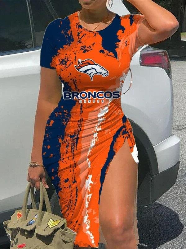 NFL - Denver Broncos Women Sexy Short Sleeve Thigh-high Slit Ruched Bodycon Midi Summer Gameday Dress