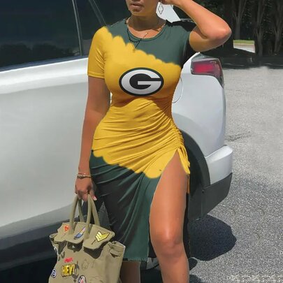 Women's NFL -  Sexy Bodycon Short Sleeve Slit Ruched Summer Club Party Midi Dress