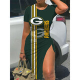 NFL - Green Bay Packers Women Sexy Short Sleeve Thigh-high Slit Ruched Bodycon Midi Summer Gameday Dress