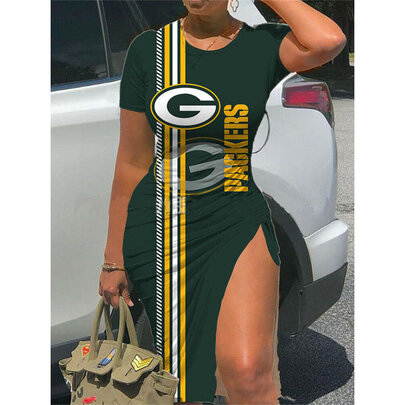 NFL - Green Bay Packers Women Sexy Short Sleeve Thigh-high Slit Ruched Bodycon Midi Summer Gameday Dress