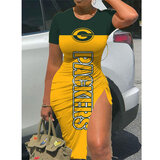 NFL - Green Bay Packers Women Sexy Short Sleeve Thigh-high Slit Ruched Bodycon Midi Summer Gameday Dress