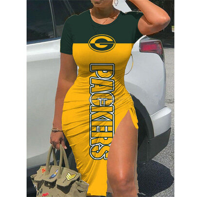 NFL - Green Bay Packers Women Sexy Short Sleeve Thigh-high Slit Ruched Bodycon Midi Summer Gameday Dress