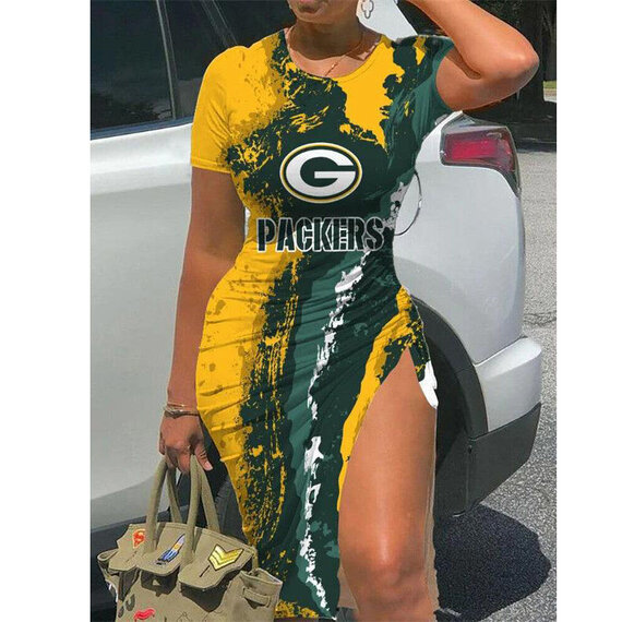 NFL - Green Bay Packers Women Sexy Short Sleeve Thigh-high Slit Ruched Bodycon Midi Summer Gameday Dress