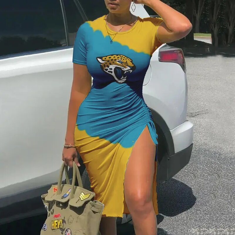 Women's NFL -  Sexy Bodycon Short Sleeve Slit Ruched Summer Club Party Midi Dress