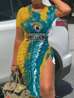 NFL - Jacksonville Jaguars Women Sexy Short Sleeve Thigh-high Slit Ruched Bodycon Midi Summer Gameday Dress