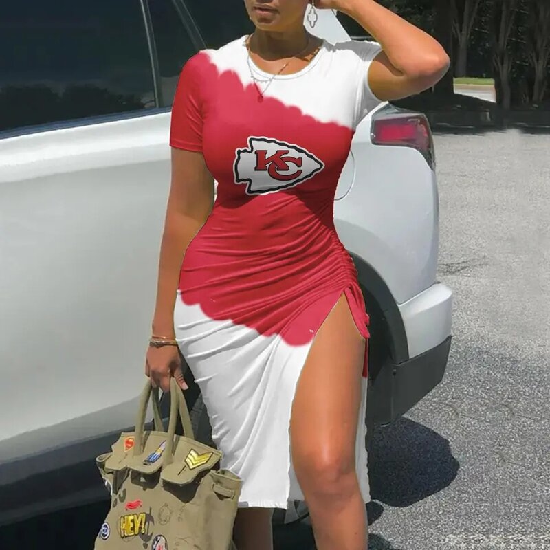 Women's NFL -  Sexy Bodycon Short Sleeve Slit Ruched Summer Club Party Midi Dress