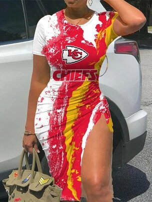 NFL - Kansas City Chiefs Women Sexy Short Sleeve Thigh-high Slit Ruched Bodycon Midi Summer Gameday Dress
