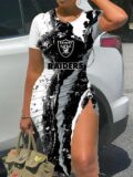 NFL - Las Vegas Raiders Women Sexy Short Sleeve Thigh-high Slit Ruched Bodycon Midi Summer Gameday Dress
