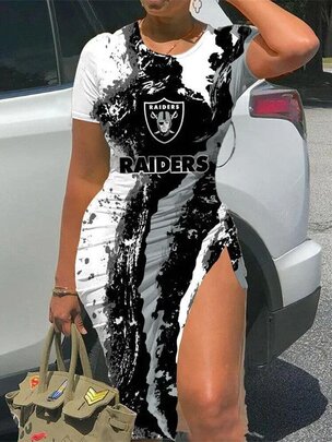 NFL - Las Vegas Raiders Women Sexy Short Sleeve Thigh-high Slit Ruched Bodycon Midi Summer Gameday Dress