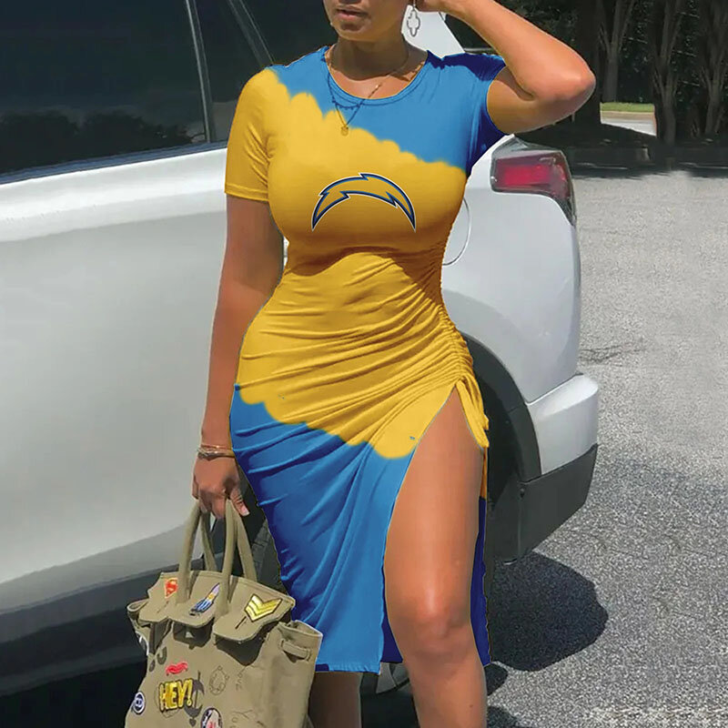 Women's NFL -  Sexy Bodycon Short Sleeve Slit Ruched Summer Club Party Midi Dress