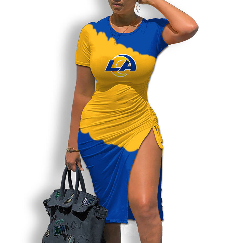 Women's NFL -  Sexy Bodycon Short Sleeve Slit Ruched Summer Club Party Midi Dress