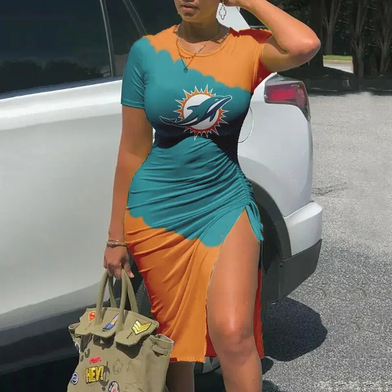 Women's NFL -  Sexy Bodycon Short Sleeve Slit Ruched Summer Club Party Midi Dress