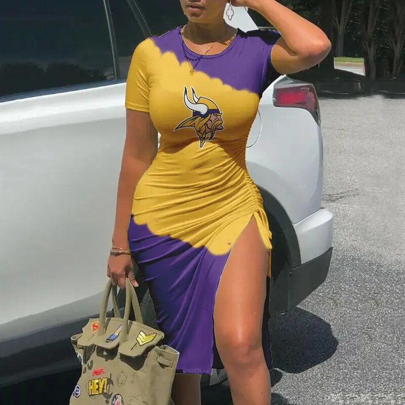 Women's NFL -  Sexy Bodycon Short Sleeve Slit Ruched Summer Club Party Midi Dress