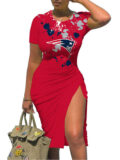 Women's NFL -  Sexy Bodycon Short Sleeve Slit Ruched Summer Club Party Midi Dress