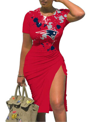 Women's NFL -  Sexy Bodycon Short Sleeve Slit Ruched Summer Club Party Midi Dress