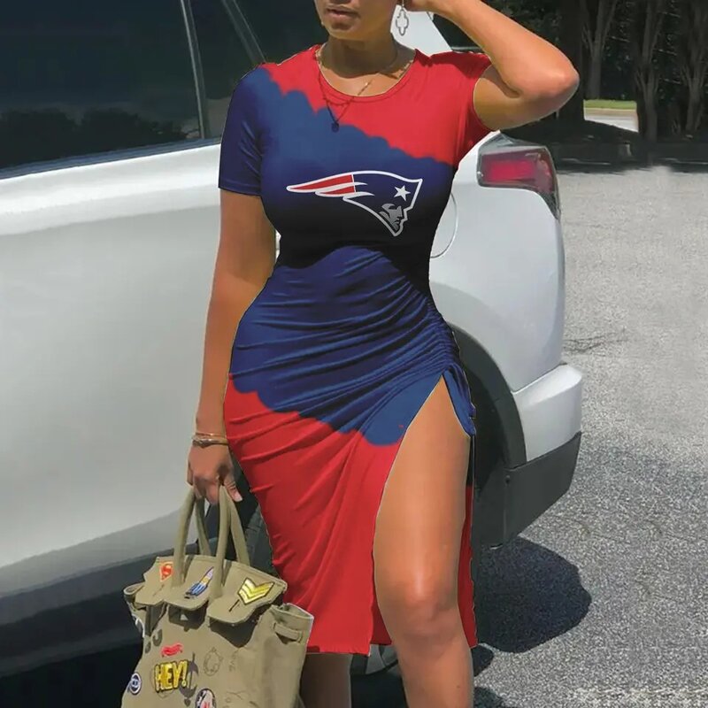 Women's NFL -  Sexy Bodycon Short Sleeve Slit Ruched Summer Club Party Midi Dress