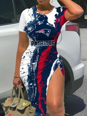 NFL - New England Patriots Women Sexy Short Sleeve Thigh-high Slit Ruched Bodycon Midi Summer Gameday Dress