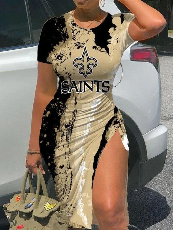 NFL - New Orleans Saints Women Sexy Short Sleeve Thigh-high Slit Ruched Bodycon Midi Summer Gameday Dress