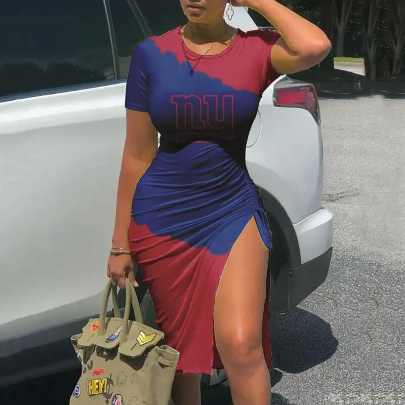 Women's NFL -  Sexy Bodycon Short Sleeve Slit Ruched Summer Club Party Midi Dress