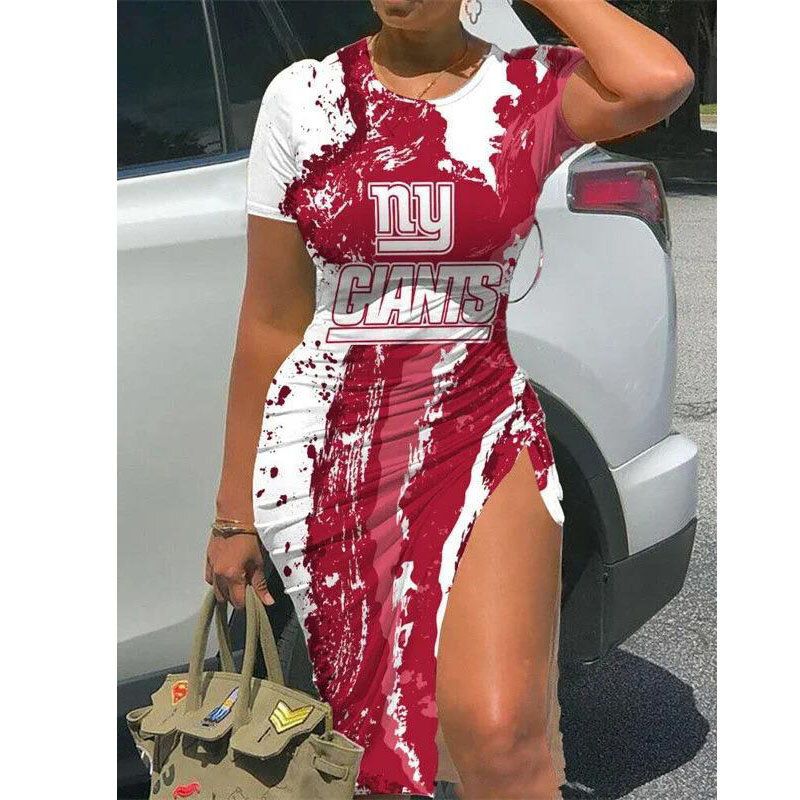 NFL - New York Giants Women Sexy Short Sleeve Thigh-high Slit Ruched Bodycon Midi Summer Gameday Dress