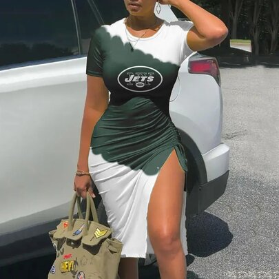 Women's NFL -  Sexy Bodycon Short Sleeve Slit Ruched Summer Club Party Midi Dress