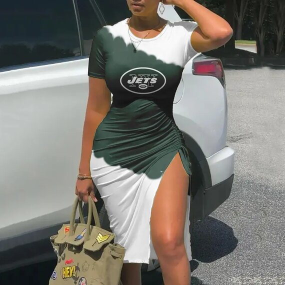 Women's NFL -  Sexy Bodycon Short Sleeve Slit Ruched Summer Club Party Midi Dress