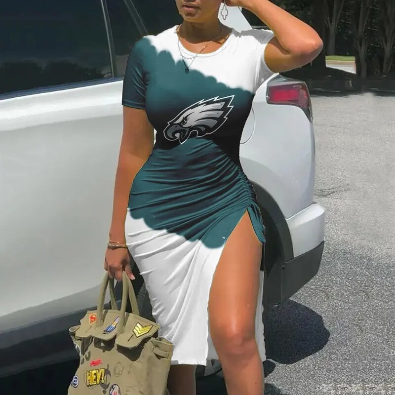 Women's NFL -  Sexy Bodycon Short Sleeve Slit Ruched Summer Club Party Midi Dress