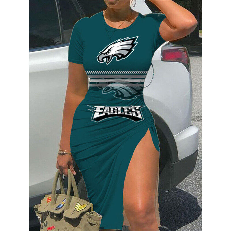 NFL - Philadelphia Eagles Women Sexy Short Sleeve Thigh-high Slit Ruched Bodycon Midi Summer Gameday Dress