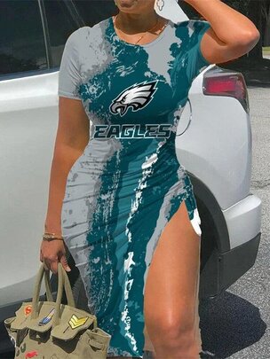 NFL - Philadelphia Eagles Women Sexy Short Sleeve Thigh-high Slit Ruched Bodycon Midi Summer Gameday Dress