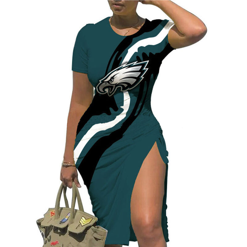 NFL - Philadelphia Eagles Women Sexy Short Sleeve Thigh-high Slit Ruched Bodycon Midi Summer Gameday Dress