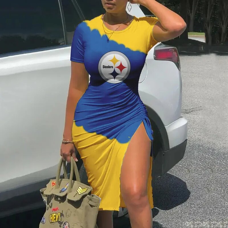 Women's NFL -  Sexy Bodycon Short Sleeve Slit Ruched Summer Club Party Midi Dress