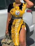 NFL - Pittsburgh Steelers Women Sexy Short Sleeve Thigh-high Slit Ruched Bodycon Midi Summer Gameday Dress