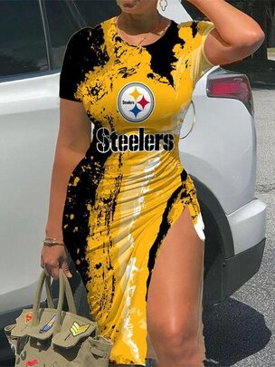 NFL - Pittsburgh Steelers Women Sexy Short Sleeve Thigh-high Slit Ruched Bodycon Midi Summer Gameday Dress