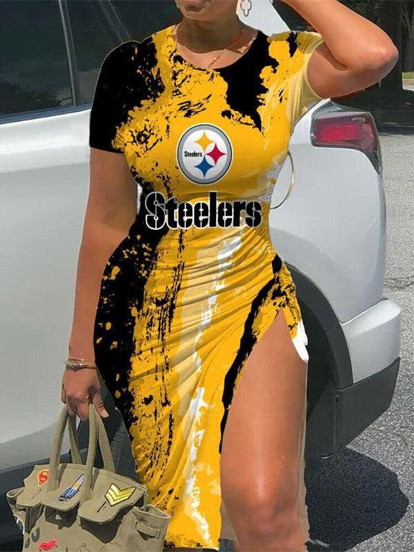 NFL - Pittsburgh Steelers Women Sexy Short Sleeve Thigh-high Slit Ruched Bodycon Midi Summer Gameday Dress
