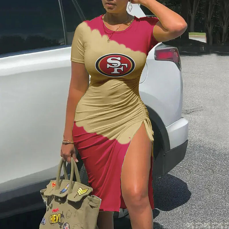 Women's NFL -  Sexy Bodycon Short Sleeve Slit Ruched Summer Club Party Midi Dress