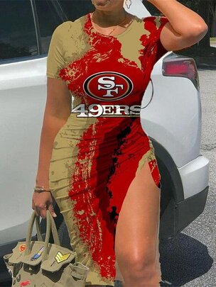 NFL - San Francisco 49ers Women Sexy Short Sleeve Thigh-high Slit Ruched Bodycon Midi Summer Gameday Dress