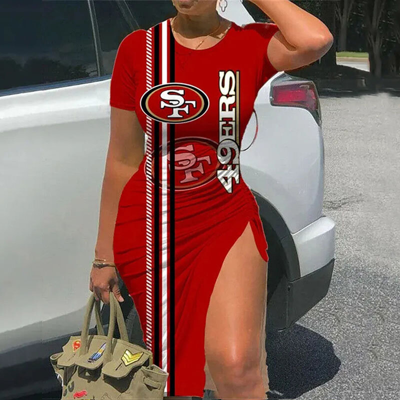 NFL - San Francisco 49ers Women Sexy Short Sleeve Thigh-high Slit Ruched Bodycon Midi Summer Gameday Dress