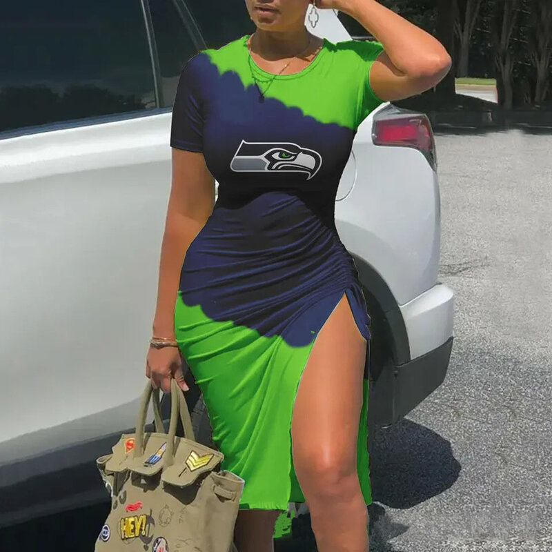 Women's NFL -  Sexy Bodycon Short Sleeve Slit Ruched Summer Club Party Midi Dress