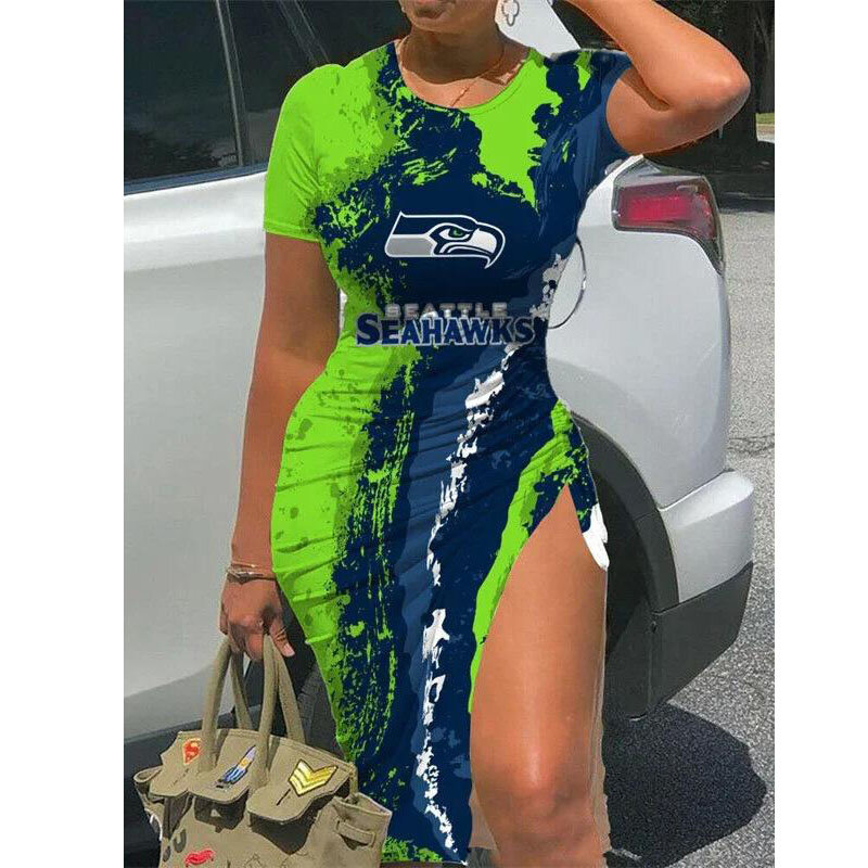 NFL - Seattle Seahawks Women Sexy Short Sleeve Thigh-high Slit Ruched Bodycon Midi Summer Gameday Dress