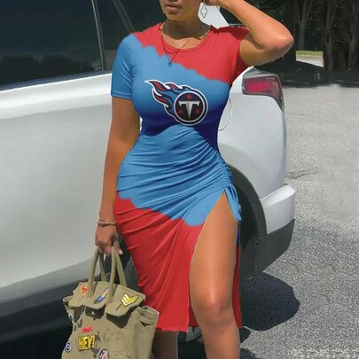 Women's NFL -  Sexy Bodycon Short Sleeve Slit Ruched Summer Club Party Midi Dress
