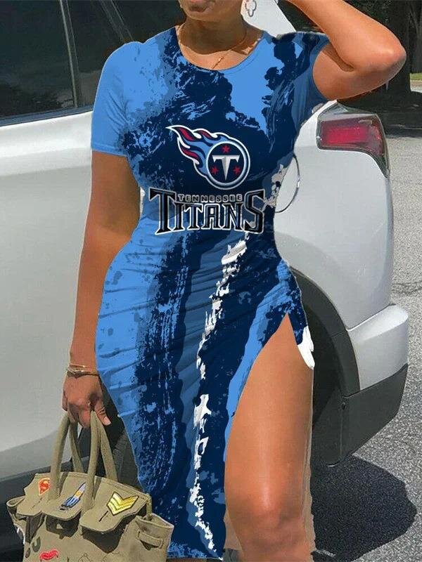 NFL - Tennessee Titans Women Sexy Short Sleeve Thigh-high Slit Ruched Bodycon Midi Summer Gameday Dress