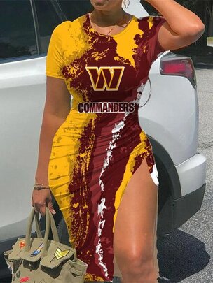 NFL - Washington Commanders Women Sexy Short Sleeve Thigh-high Slit Ruched Bodycon Midi Summer Gameday Dress
