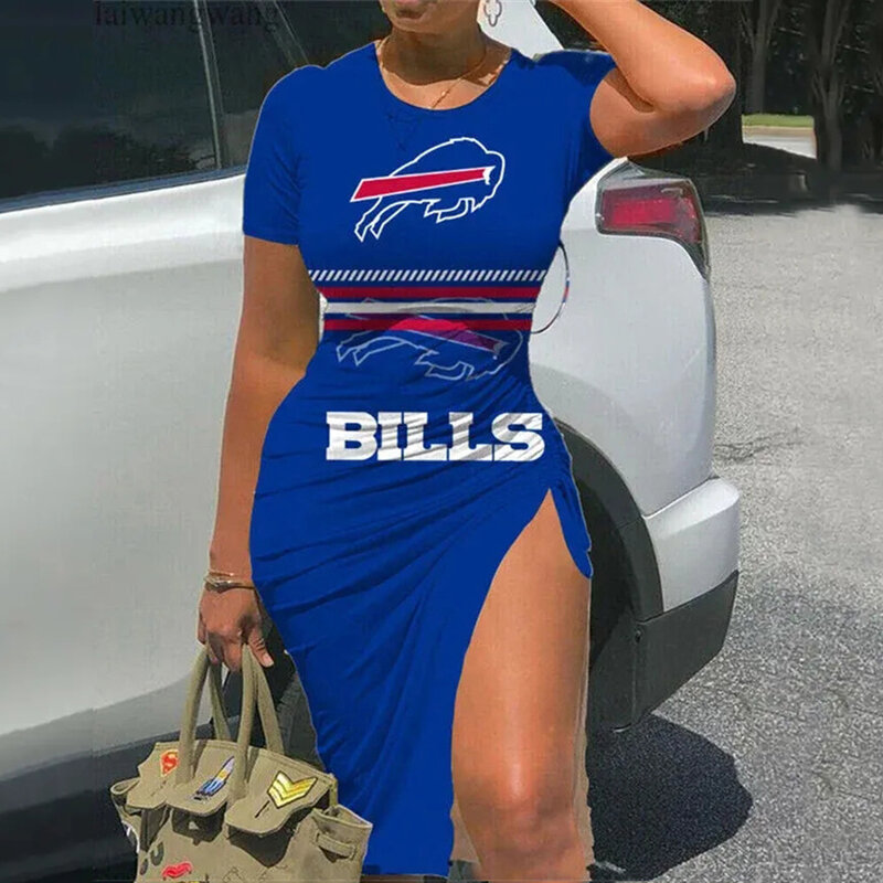 NFL Buffalo Bills sexy women's Short Sleeve Bodycon Midi Dress with slit